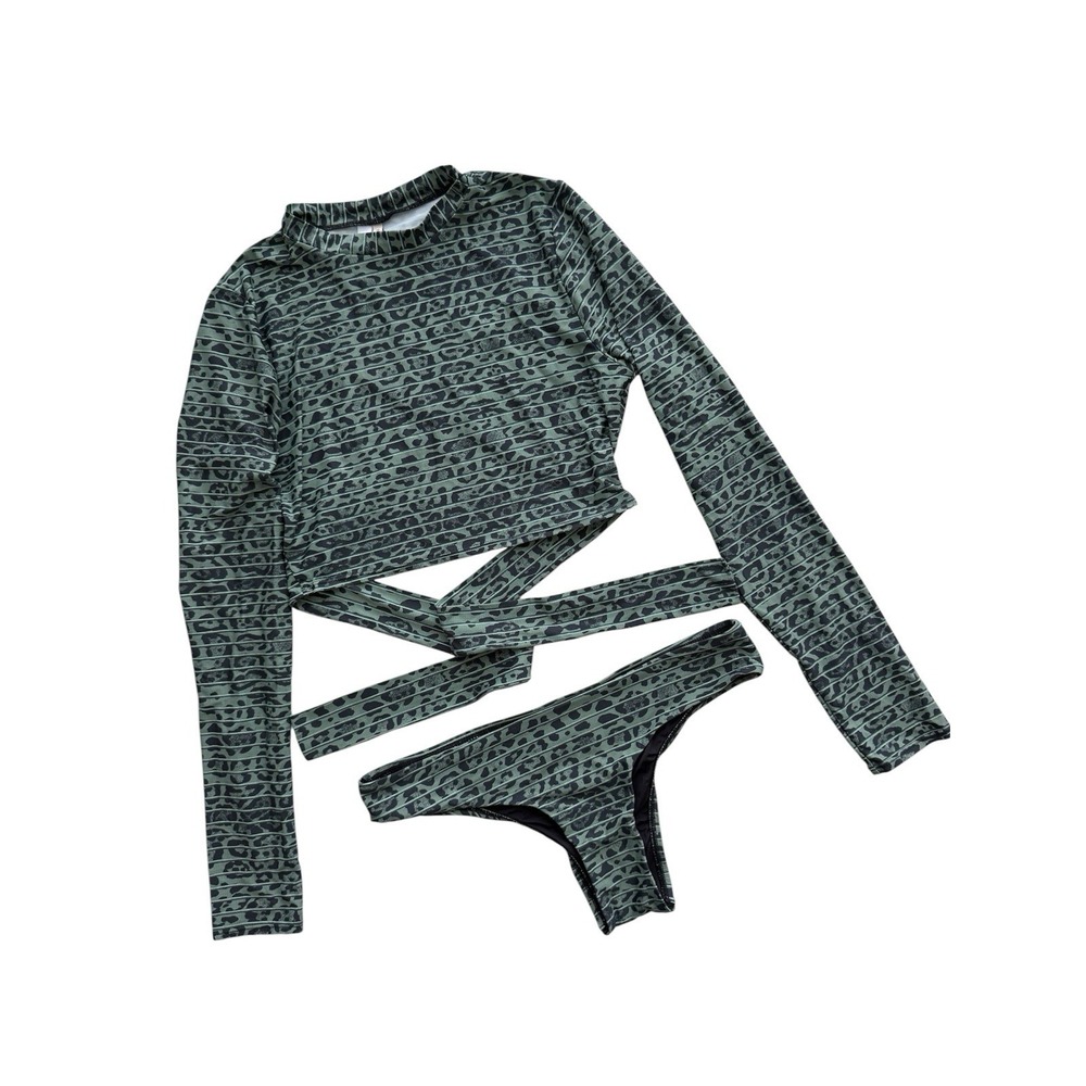 Bcbgeneration Rashguard Bikini Set Womens Medium Green Animal Print Resort Beach